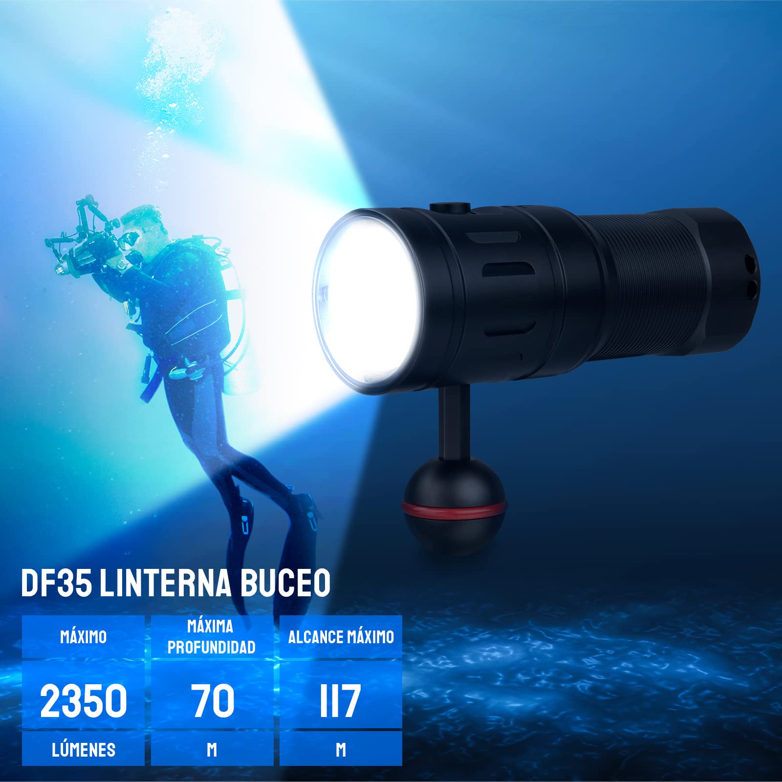 TrustFire Linterna Buceo, DF35 Foco Buceo Recargable 2350 Lúmenes, Linterna Sumergible Profesional 70M Impermeable, 3 Diferentes de Iluminación（Luz de Blanca, UV, Roja) para cámara, fotografía