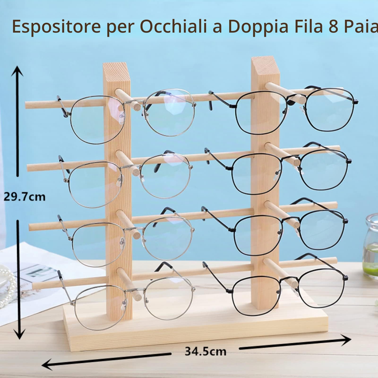 Espositore per Occhiali Creativi Occhiali da Sole in Legno Rack Supporto a 4 Strati per 8 Paia di Occhiali Porta Occhiali Da Sole per Esporre Occhiali e Gioielli, Orologi