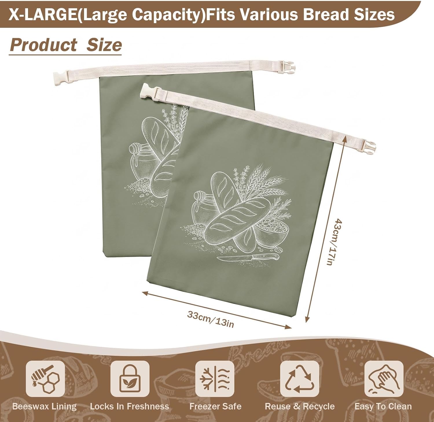 2 Pack Beeswax Bread Bags for Homemade Bread, Sage Botanical Twig Reusable Freezer Safe Sourdough Bread Bags, Roll-Top Buckle Cotton Storage for Artisan Baker, Extra Large 17x13 in