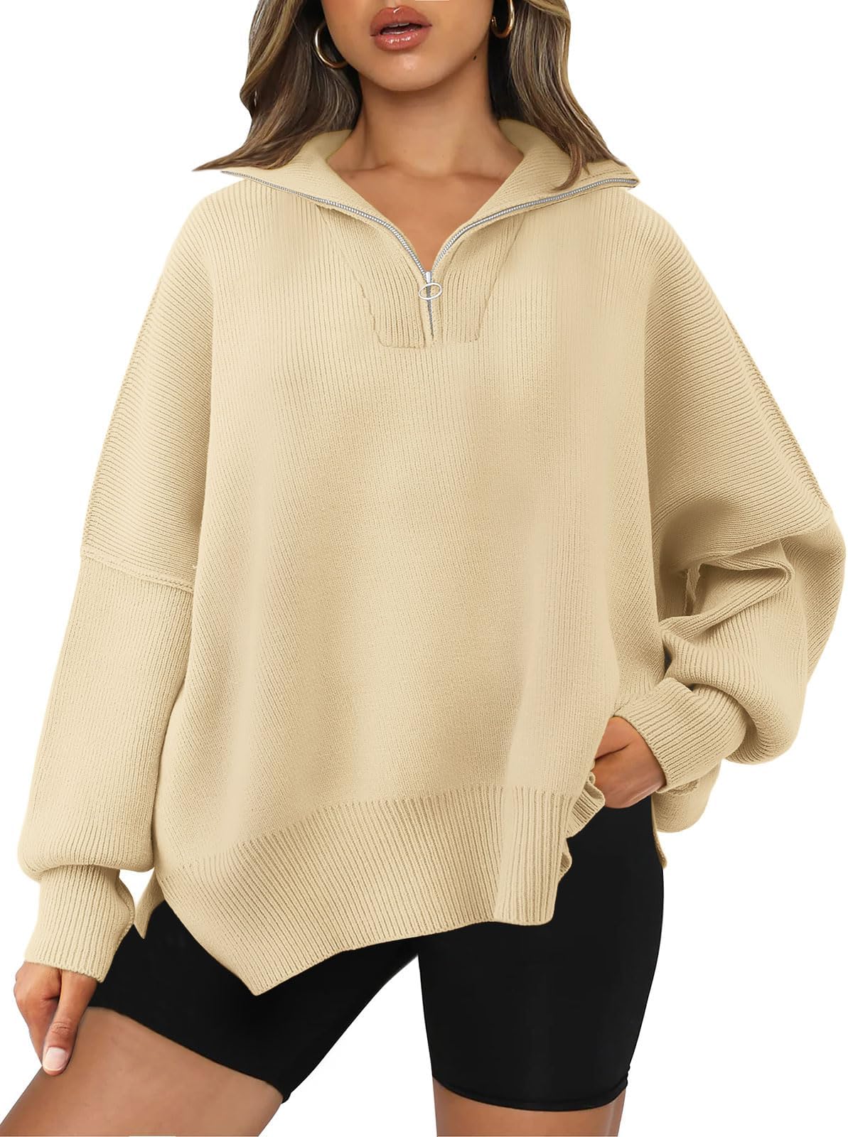LILLUSORYWomen's Oversized Sweaters 2023 Fall Zipper Collared Drop Shoulder Tunic Pullover Split Hem Knit Sweater Tops