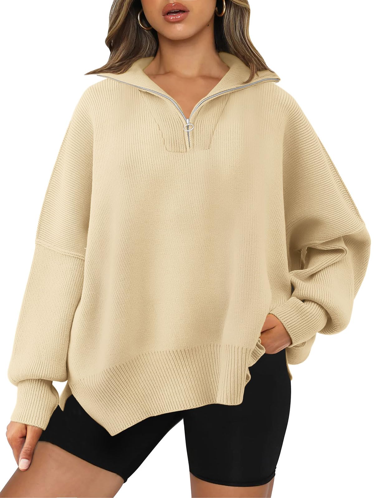 LILLUSORYWomen's Oversized Sweaters 2023 Fall Zipper Collared Drop Shoulder Tunic Pullover Split Hem Knit Sweater Tops