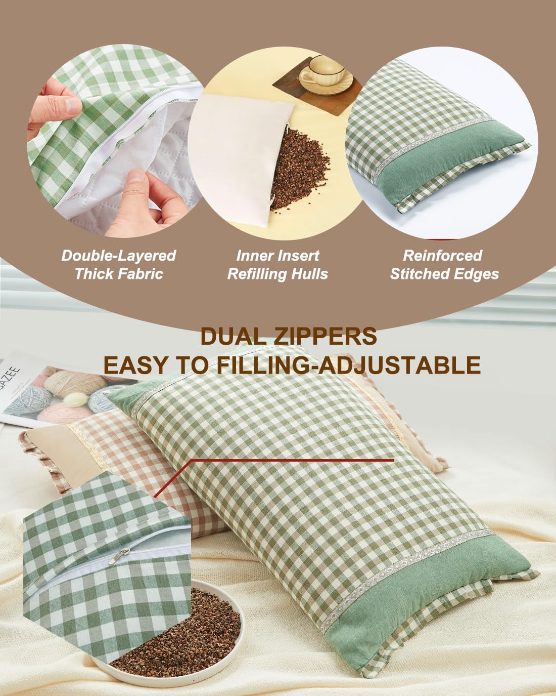 Buckwheat Hull Pillow for Sleeping, Rectangle Buckwheat Neck Pillow, Cooling Support Customizable Height with Removable Cover, Firm Comfort for Spinal Alignment, 23 * 13 Inch (Green)