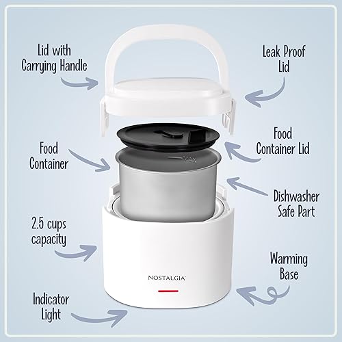 Miniatura 3 de Nostalgia Fiambrera portátil calentada  Calentador de alimentos de acero inoxidable de 2.5 tazas  Cable desmontable, tapa a prueba de fugas, asa de