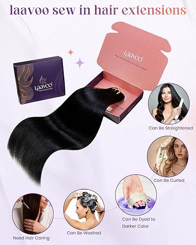 Miniatura 4 de LaaVoo Extensiones de cabello humano real para coser, extensiones de cabello humano de doble trama, color negro azabache, 18 pulgadas, 3.53 onzas