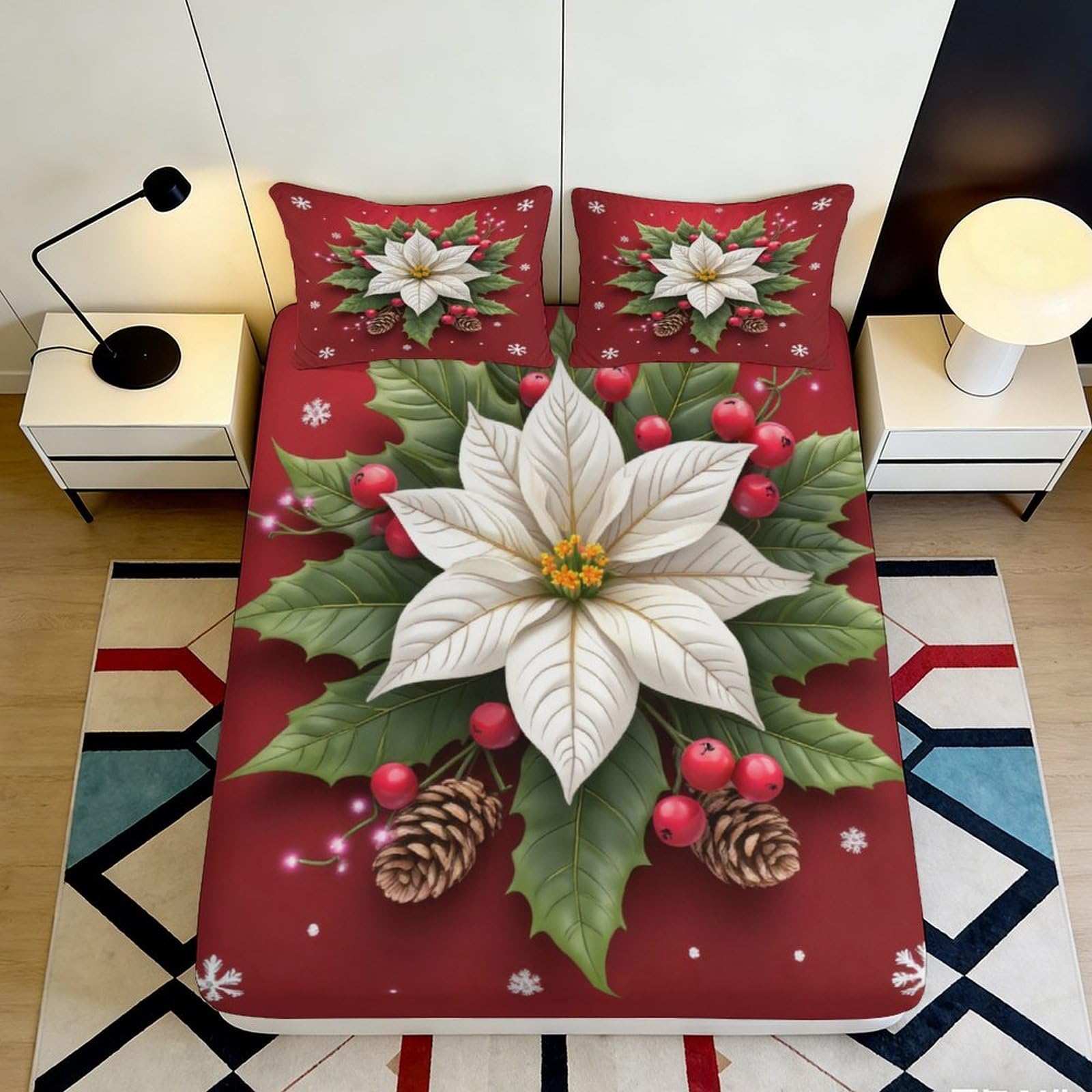 Pnayamiorkfel Style-6 3D Printed White Poinsettia Fitted Sheet Microfiber Red Berry Pinecone Bed Cover Anti-Slip Machine Washable Bedroom Decor 90X200x25cm
