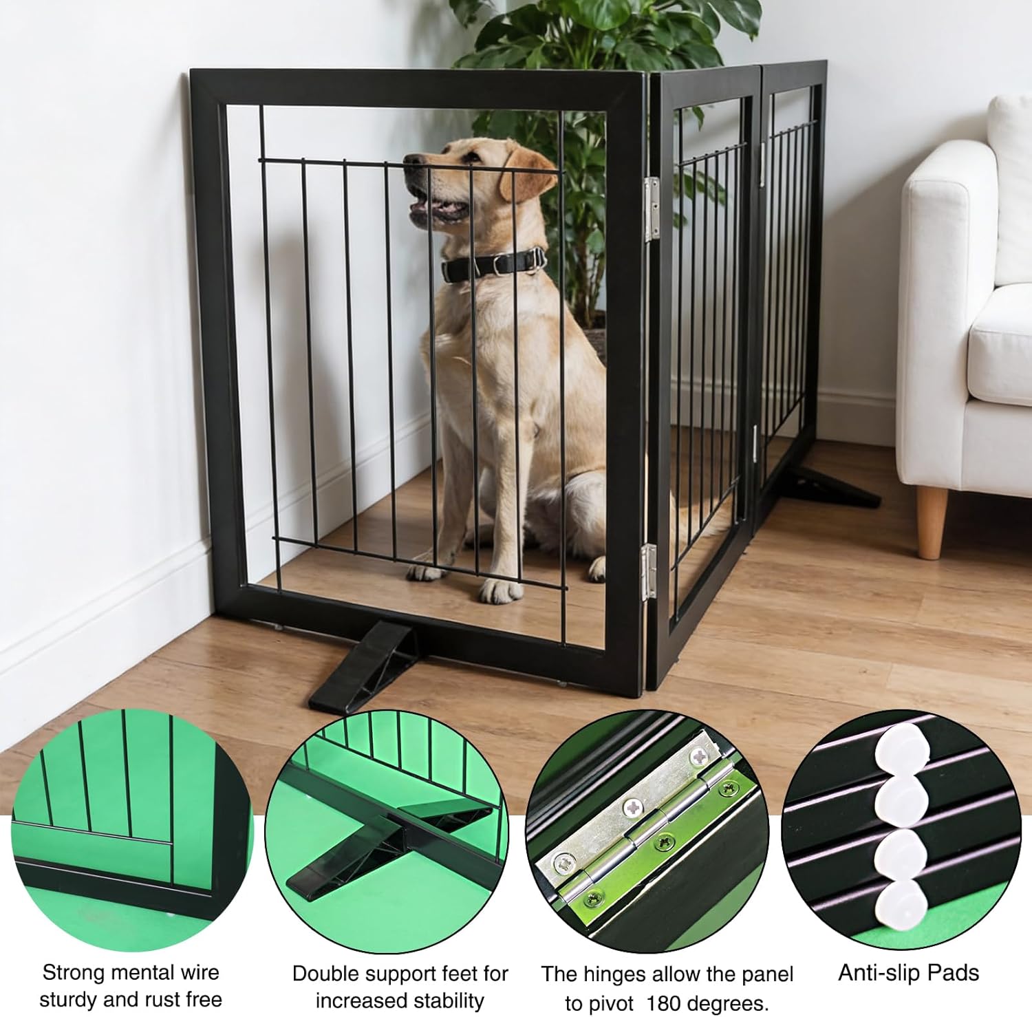 Dog Fence Indoor - 3-Panel Freestanding Dog Gate for Doorways, Hallways, House or Stairs -60x24-Inch Retractable Foldable Expandable Wood Pet by SFJC (Black)