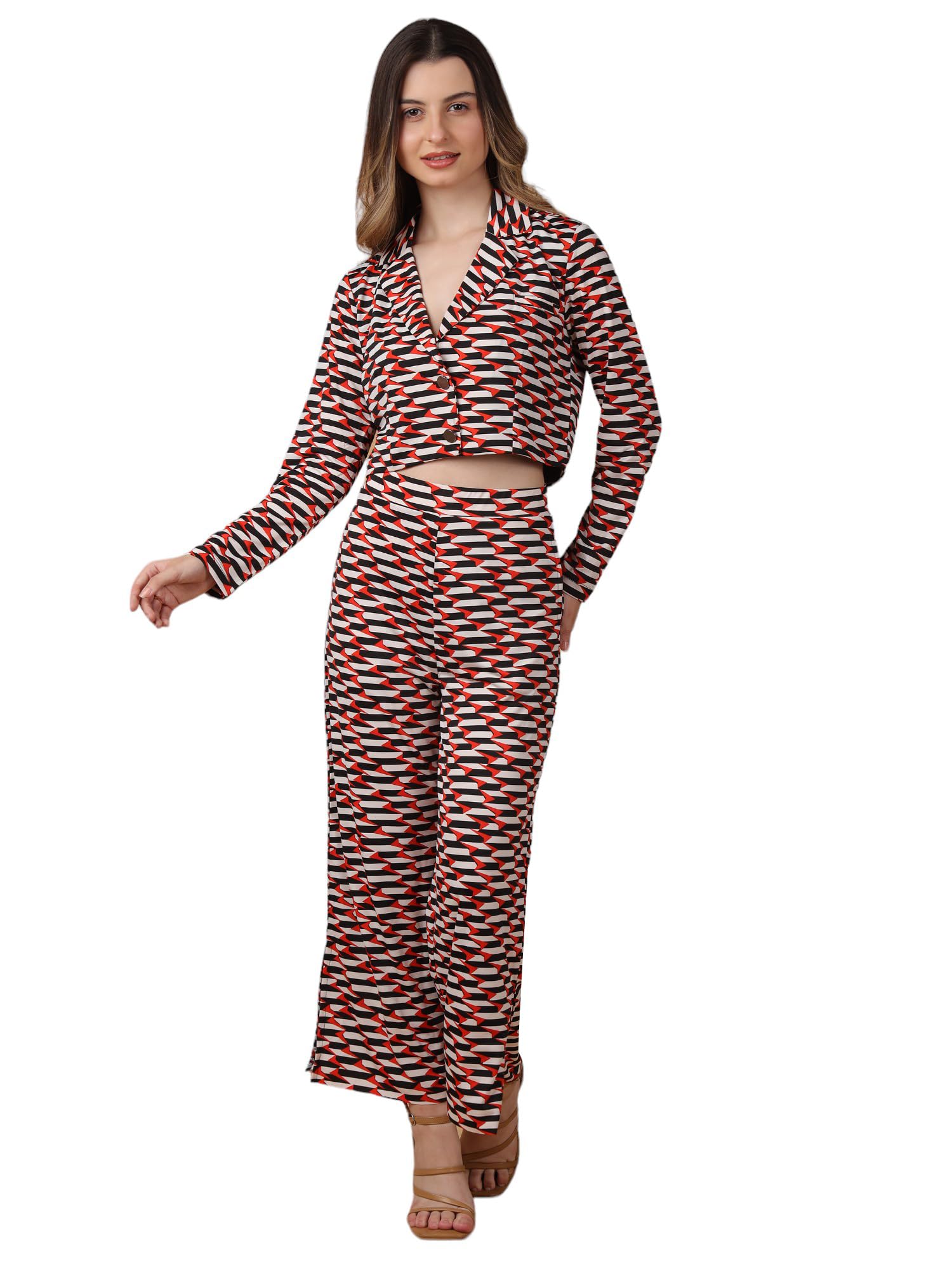 Women's Multi Geometric Print Long Sleeves Short Blazer with Trouser Co-ord Set-image-40