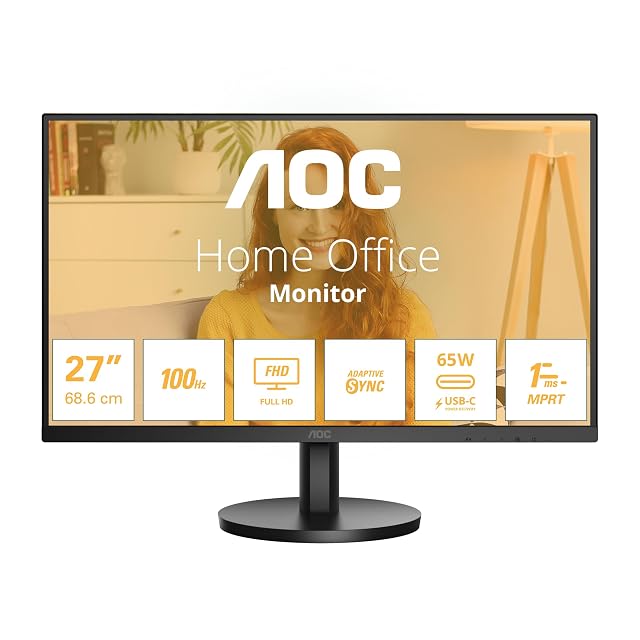 AOC 27B3CA2-27 Zoll FHD Monitor, Lautsprecher (1920×1080, 100 Hz, HDMI, USB-C (65 W PD), USB Hub) schwarz