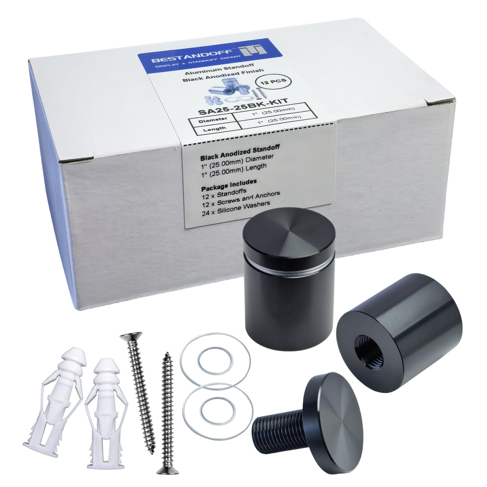 Pack de 12 fixations de support en aluminium, vis de support pour panneau de signalisation, fixations pour publicité murale, boulons pour affichage de panneaux, support mural pour panneau (Noir, 25 mm