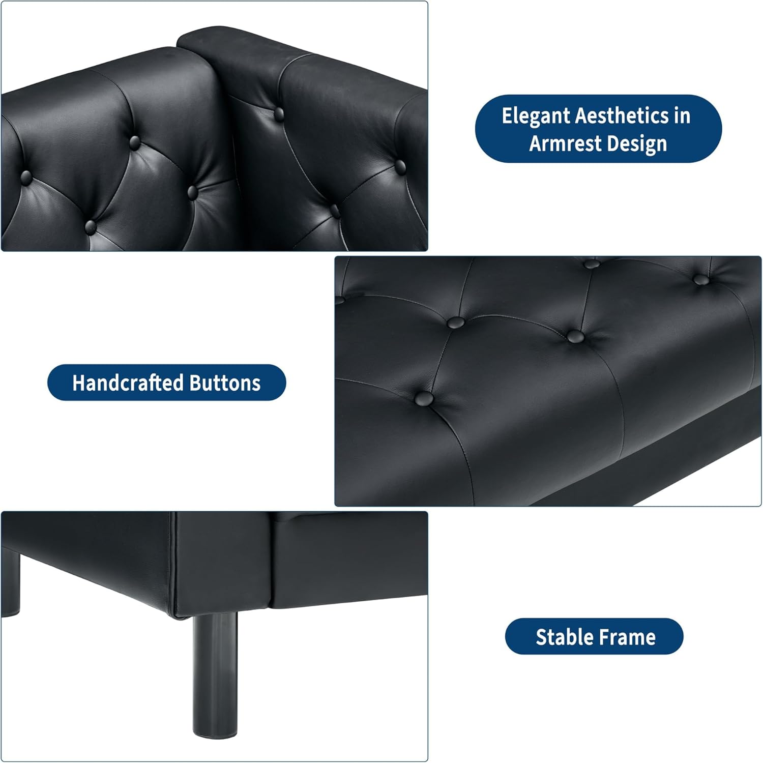 IDEALHOUSE 81" Mid Century Modern Leather Sofa, 3 Seater Chesterfield Couch with Button Tufted Back & Deep Seat, Upholstered Living Room Sofa for Apartment or Office, Black