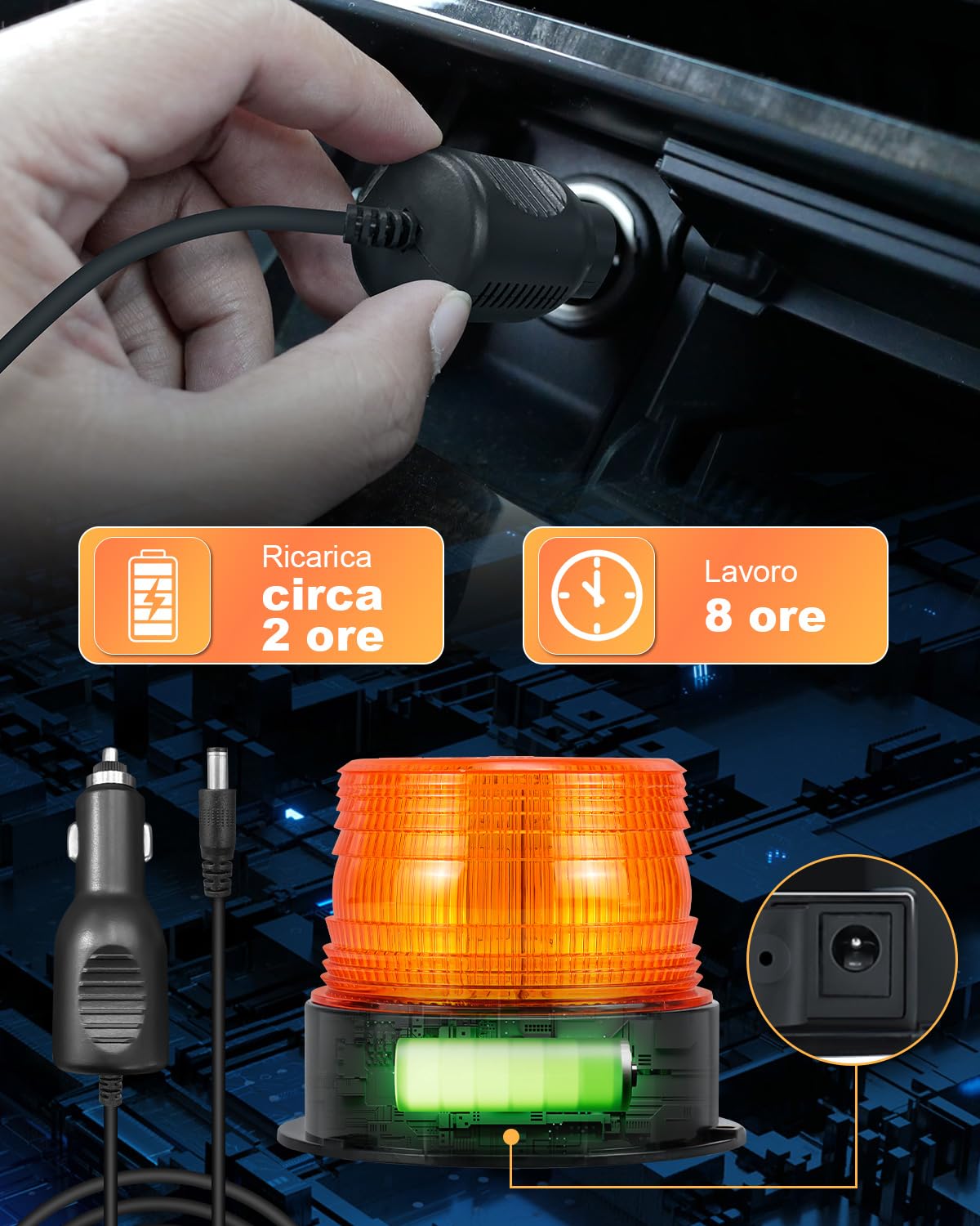 Dinfu 2 x lampeggiante a batteria 12V LED lampeggiante senza fili stroboscopica Ambra segnalazione lampeggiante di emergenza Orange Luce Rotante magnetica per camion trattore SUV j-eep