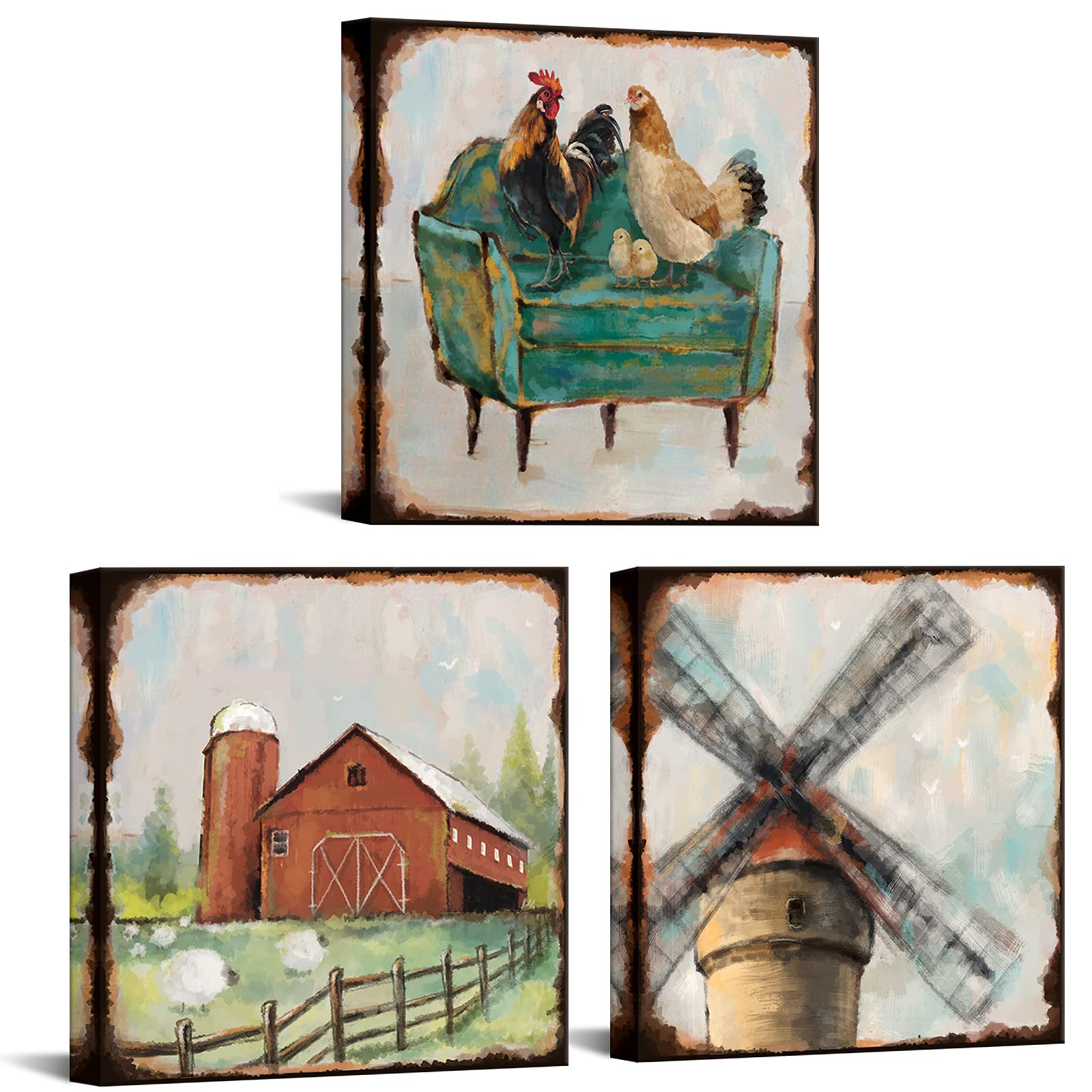 iKNOW FOTO 3pcs Farmhouse Canvas Wall Art Prints with Windmill Red Barn and Family Chicken Painting Country Pictures Rustic Wall Decor for Home Decoration Each Panel 12x12