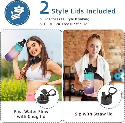 Miniatura 2 de Volhoply Botellas de Agua Aisladas de 32 oz Paquete de 2 con Tapa de Pajita y Tapa de Boquilla, Botella de Agua Deportiva de Acero Inoxidable, Vasos