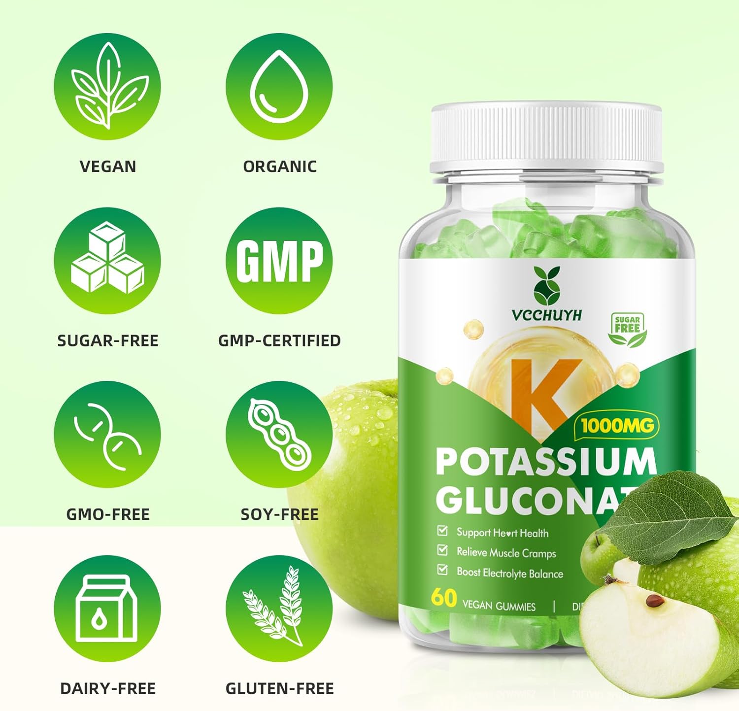 Potassium Gummies 1000mg for Adults & Kids, High Dose Potassium Gluconate Supplement Potassium Gluconate Gummies Support Muscle Cramps Electrolyte Balance, Apple Flavor 120 Count - Image 5