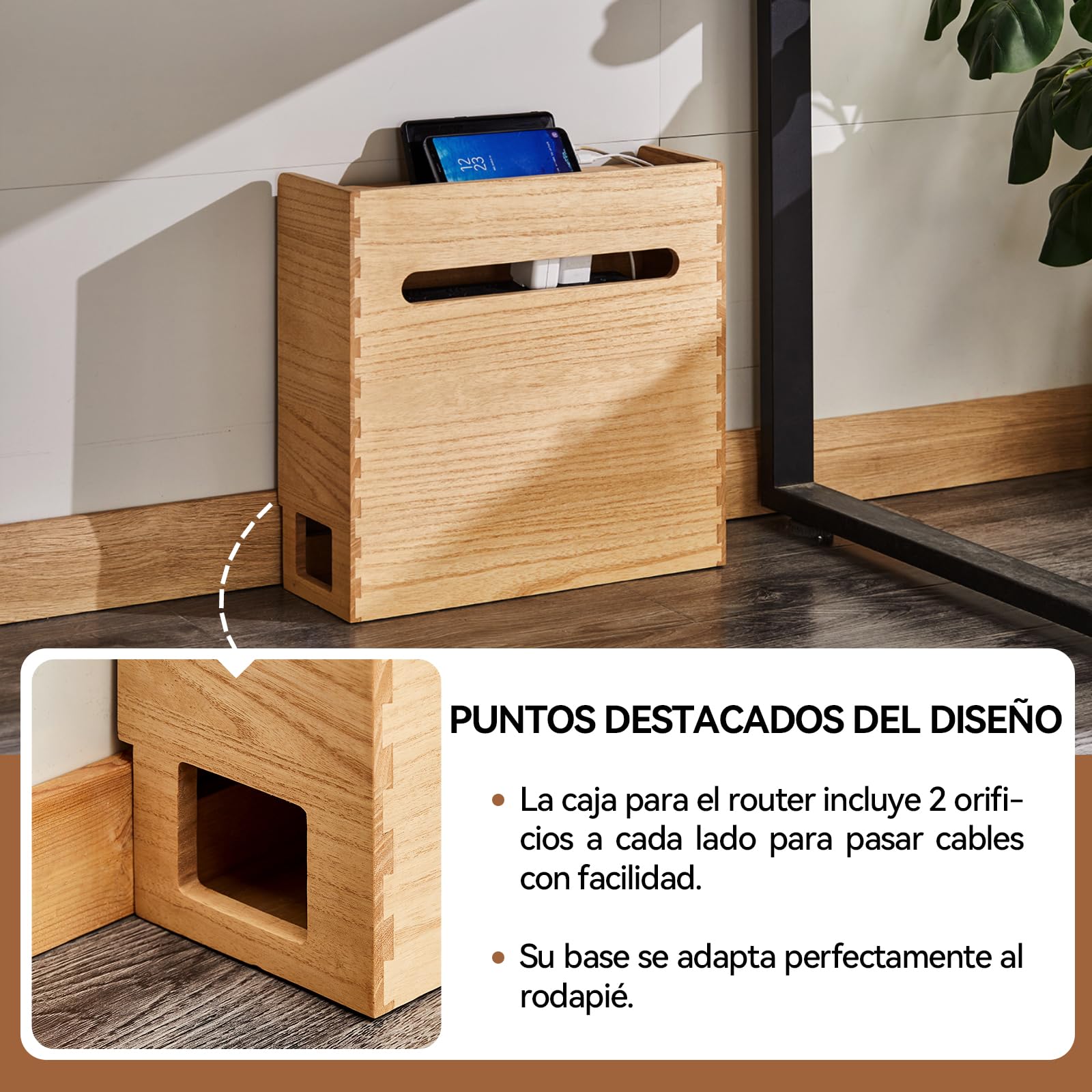 KIRIGEN Organizador de Madera para Router Wifi Inalámbrico, Soporte para Enchufes, Estante y Gestión de Cables Color Natural