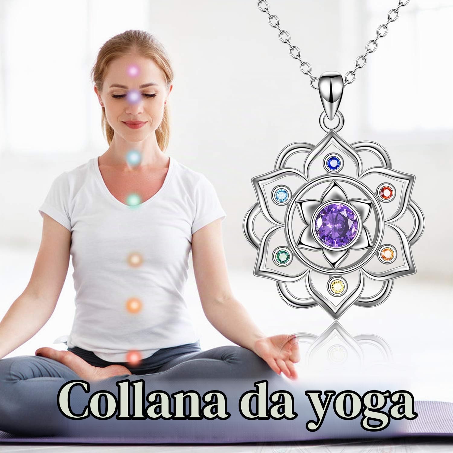 YAFEINI Collana in argento sterling 925 con chakra, collana con ciondolo in loto, yoga, gioielli, regali per le donne