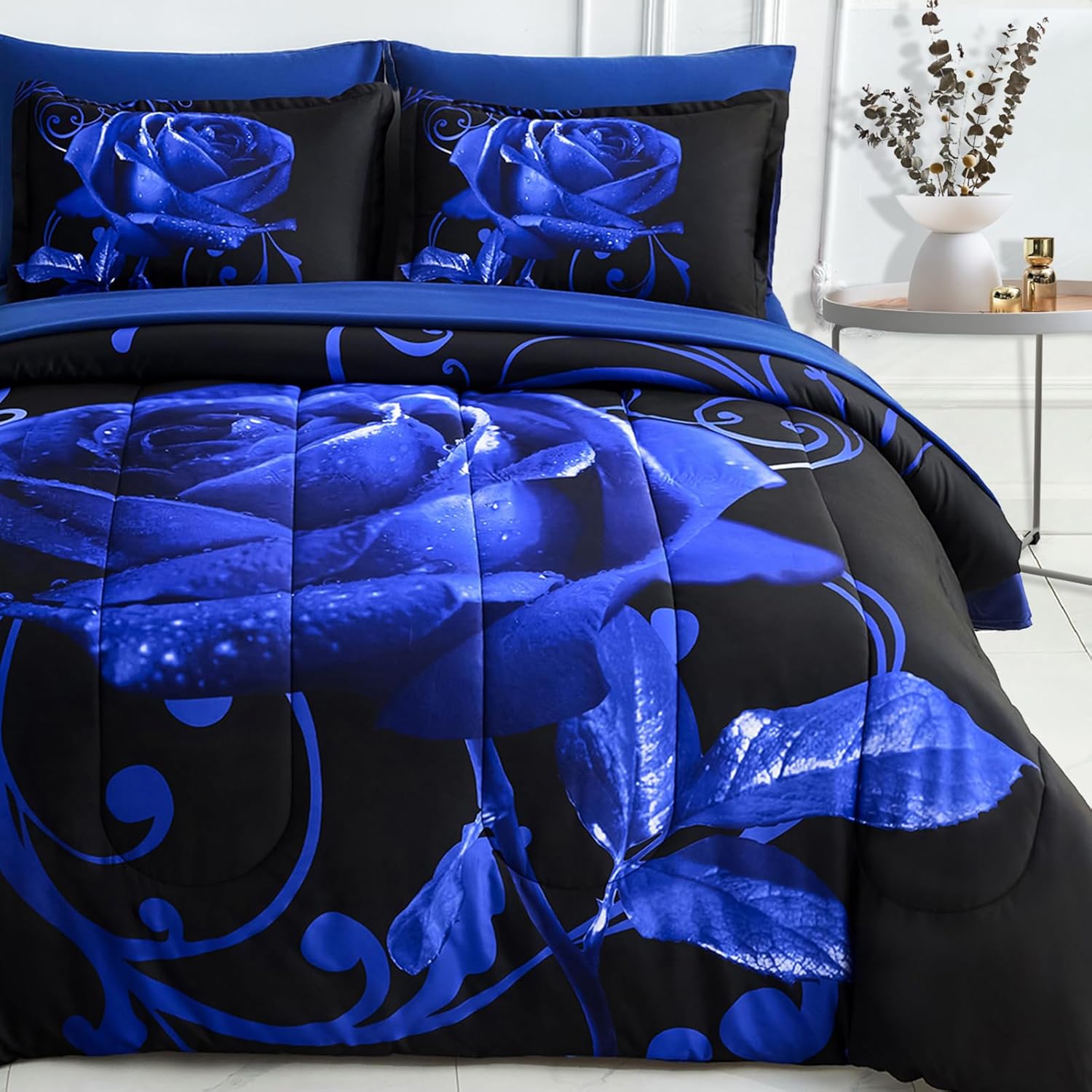 Blue Comforter Set Queen, Reversible Blue Rose Pattern Printed 7 Pieces Bed in a Bag