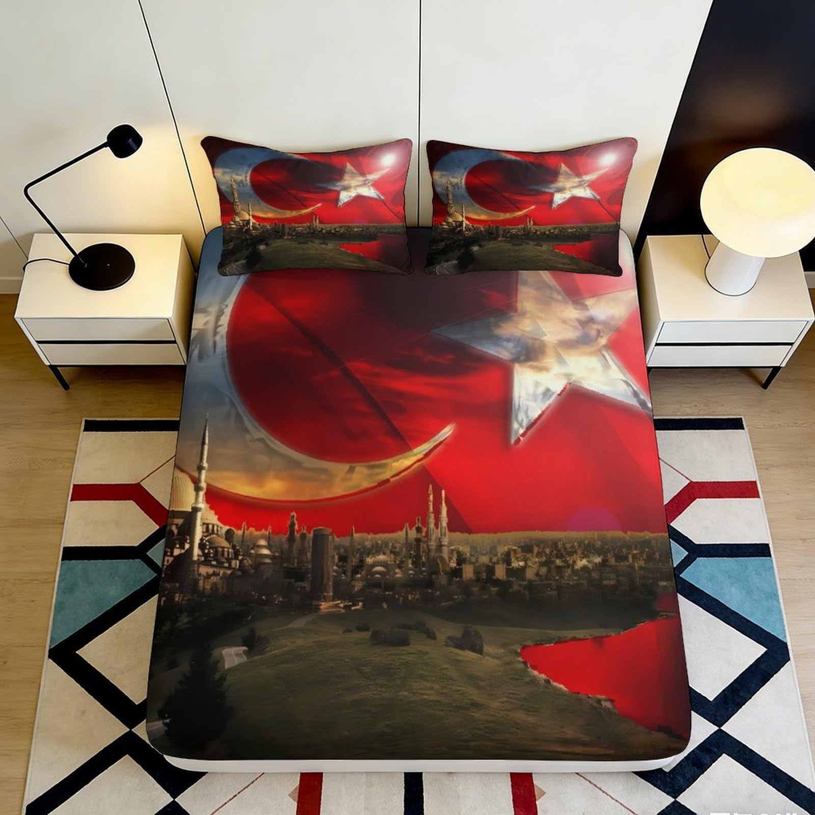 Uynsixtme Style-9 3D Printed Turkish Scenery Fitted Sheet Microfiber Deep Pocket Non-Slip Turkish City Mattress Fitted Cover Bedroom Bedding For Adults 140X200x25cm