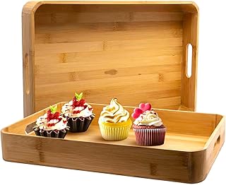 Defined Deco Natural Bamboo Serving Trays, Bamboo Rectangular Tays Sets of 2 with Handles for Food, Meals, Breads or Vanity Storage, Bamboo Eating Trays for Dinner Wedding Parties Dessert Drinks
