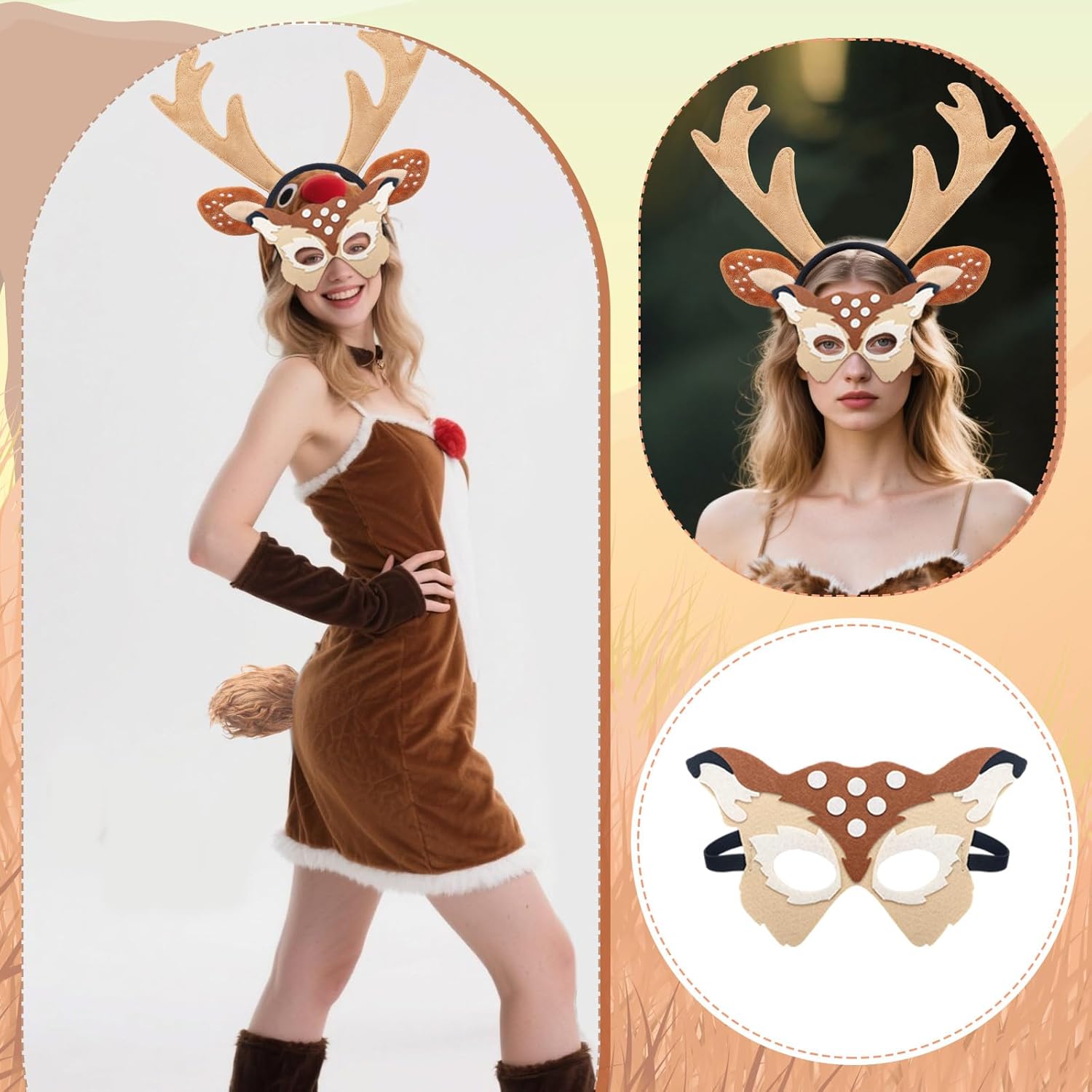 5 Pcs Christmas Couple Costumes Reindeer Adult Costume Set Accessories Include Reindeer Antlers Headband Mask Tail Hunter Clothing for Adult Christmas Cosplay Party Supplies Multicolor - Image 5
