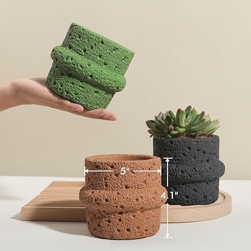 Miniatura 4 de Maceta de cemento para suculentas, plantas de serpiente, maceta estilo piedra de lava con orificio de drenaje, paquete de 2 macetas de aloe de