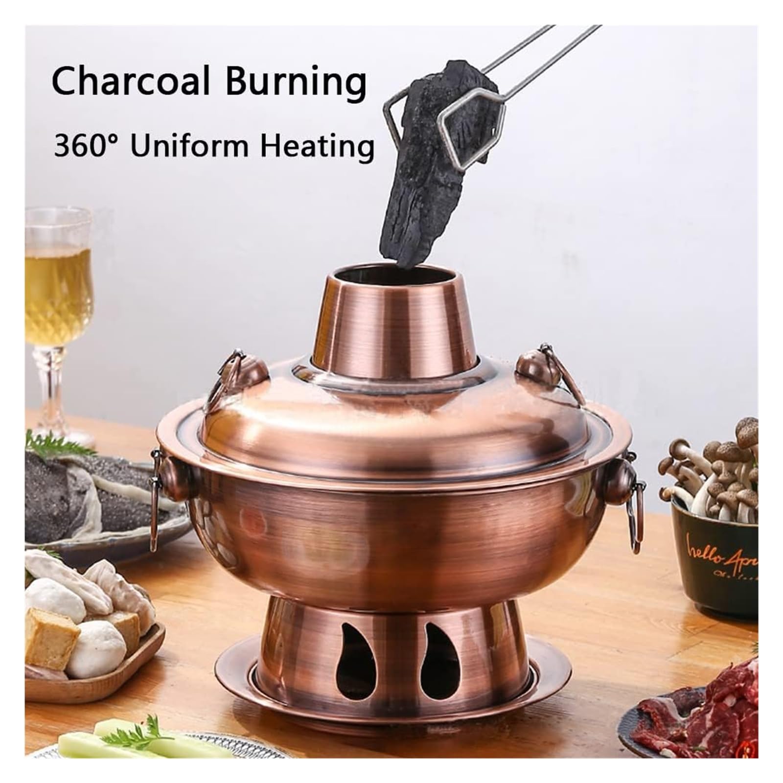 Pentola calda cinese in rame, stile vintage, per shabu-shabu, con camino per bruciare carbone, pentola cinese in acciaio inox, pentola per zuppe, pentole per cucina in famiglia, feste, rosso, argento