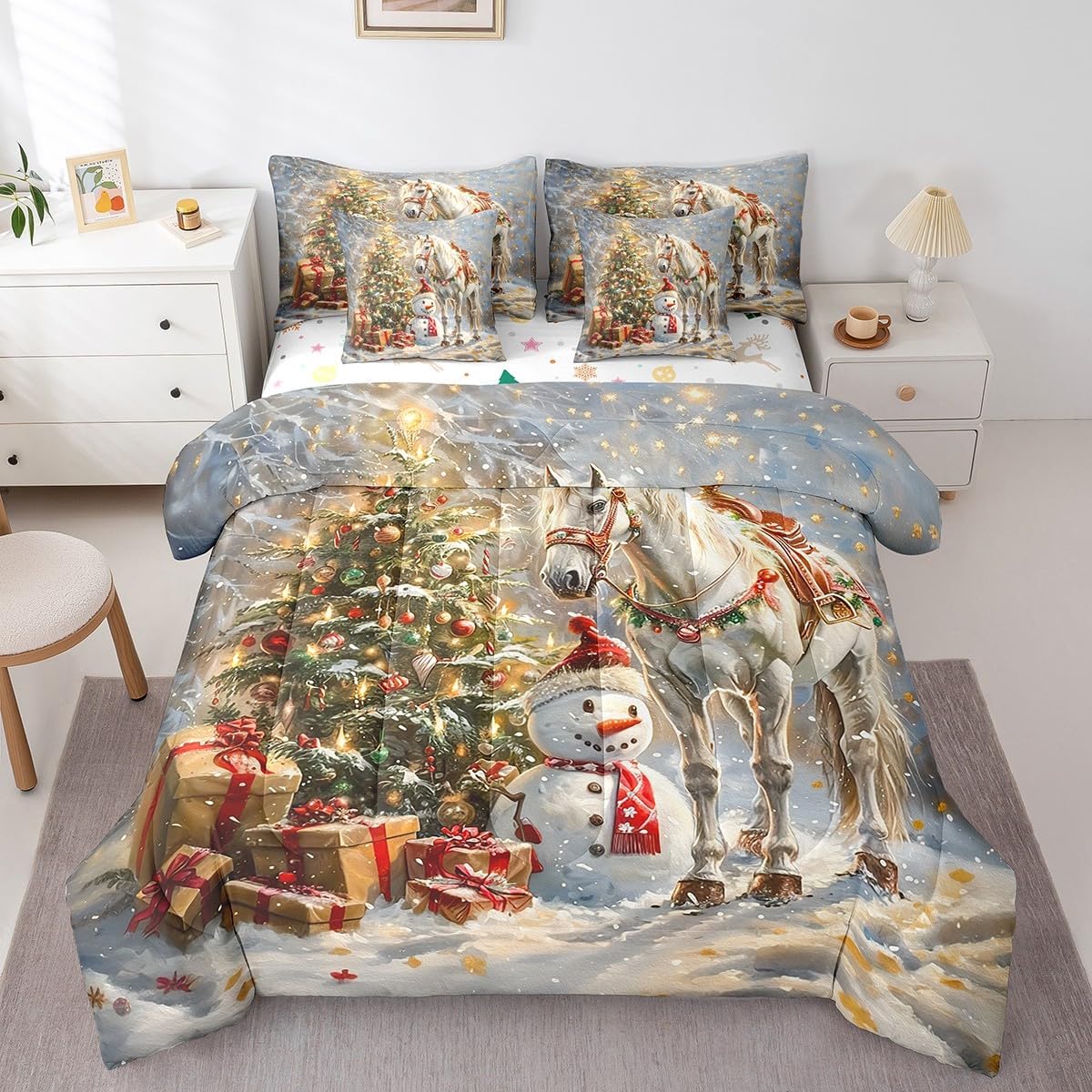 Feelyou Merry Christmas 7 Pieces Comforter Sets White Horse Bedding Set for All Season Full Size Merry Christmas Tree and Snowman Bed in a Bag with Comforter, Sheets, Pillowcases & Cushion Cover