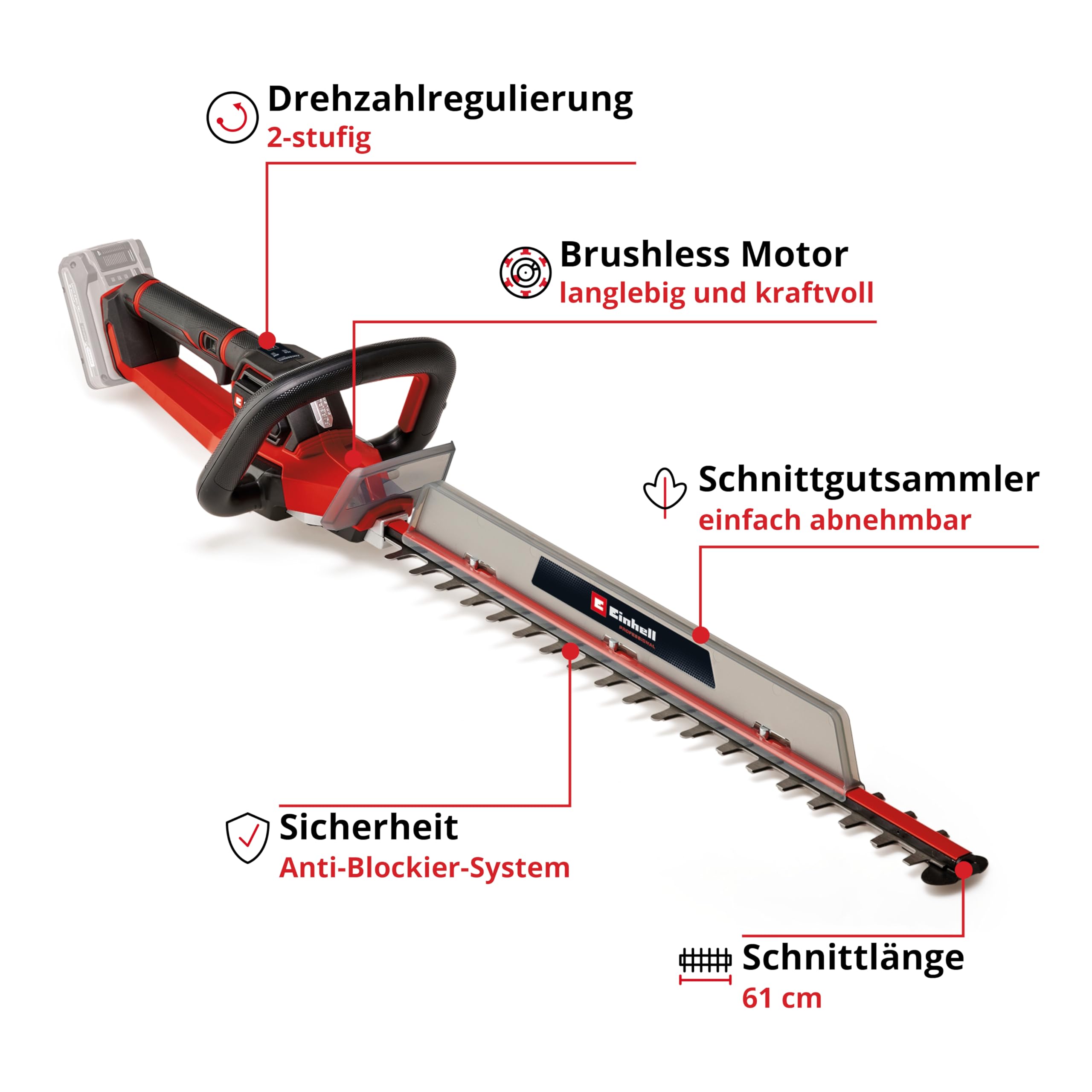 Einhell Professional Akku-Heckenschere GP-CH 18/61 Li BL-Solo Power X-Change (18 V, Brushless, Schnittlänge 61 cm, Anti-Blockier-System, inkl. Köcher, ohne Akku)