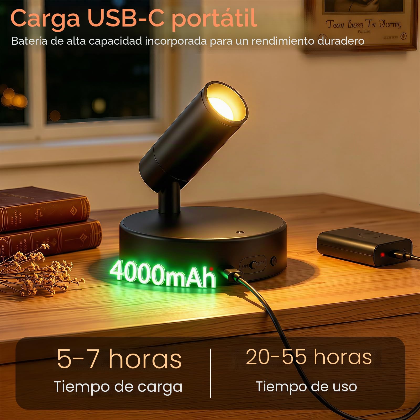 Ketom Aplique Pared Interior Regulable, Lampara Pared sin Cable, Foco LED Recargable, 3 Temperaturas de Color, con Control Remoto, Giratorio, para Planta Obras Arte Habitación Estar, Negro, 1 Pieza