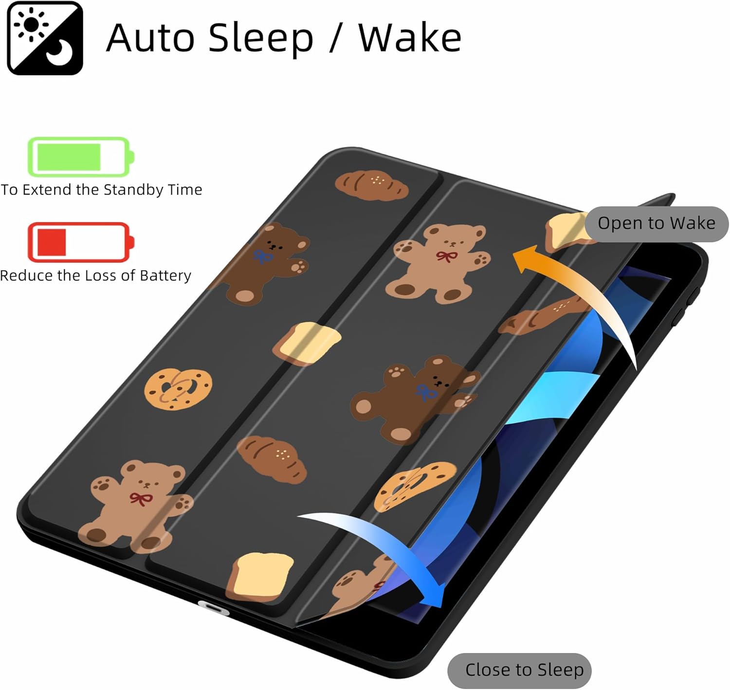 Idocolors Case for iPad 10th/11th Gen (2022/2025) 10.9", Clear Hard Back Cover with Pencil Holder, Tri-fold Stand Full Wrap Protective Case for Women Girls, Brown Bear/Black