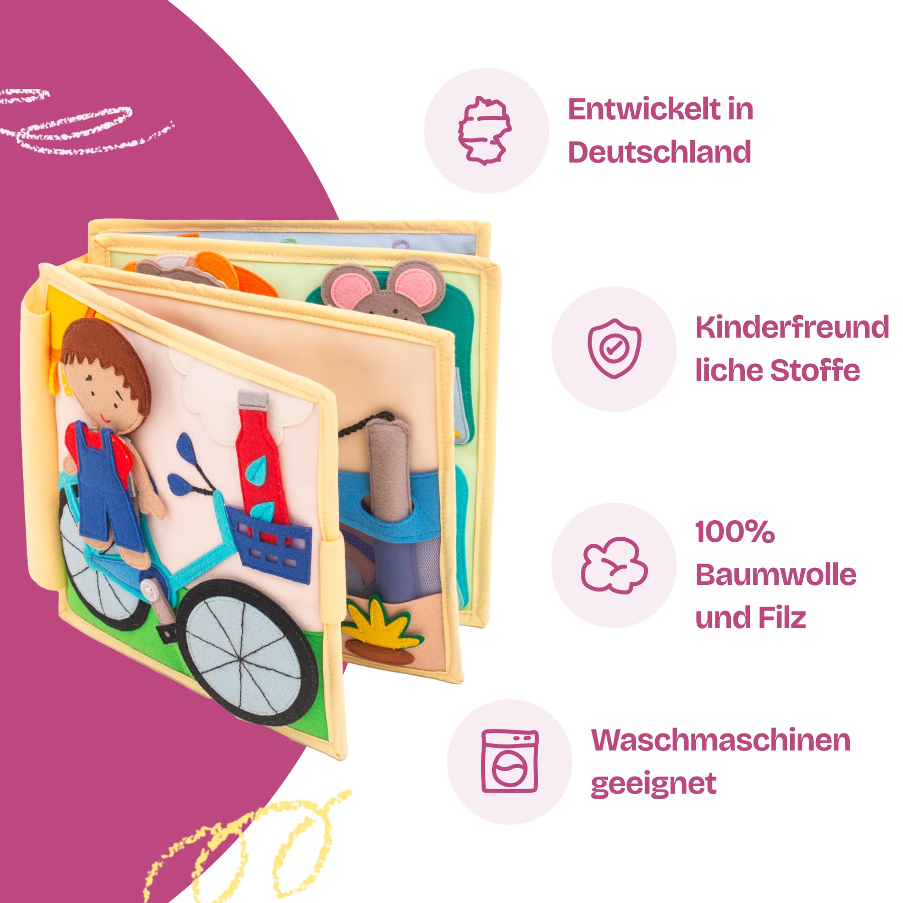 Jolly Designs – Mein erstes Fahrrad - 6 Seiten Quiet Book – Montessori Spielzeug ab 18 Monaten – Motorik & Sensorik fördern – Handgefertigtes Filzbuch – Lernspielzeug für Kleinkinder – Busy Book