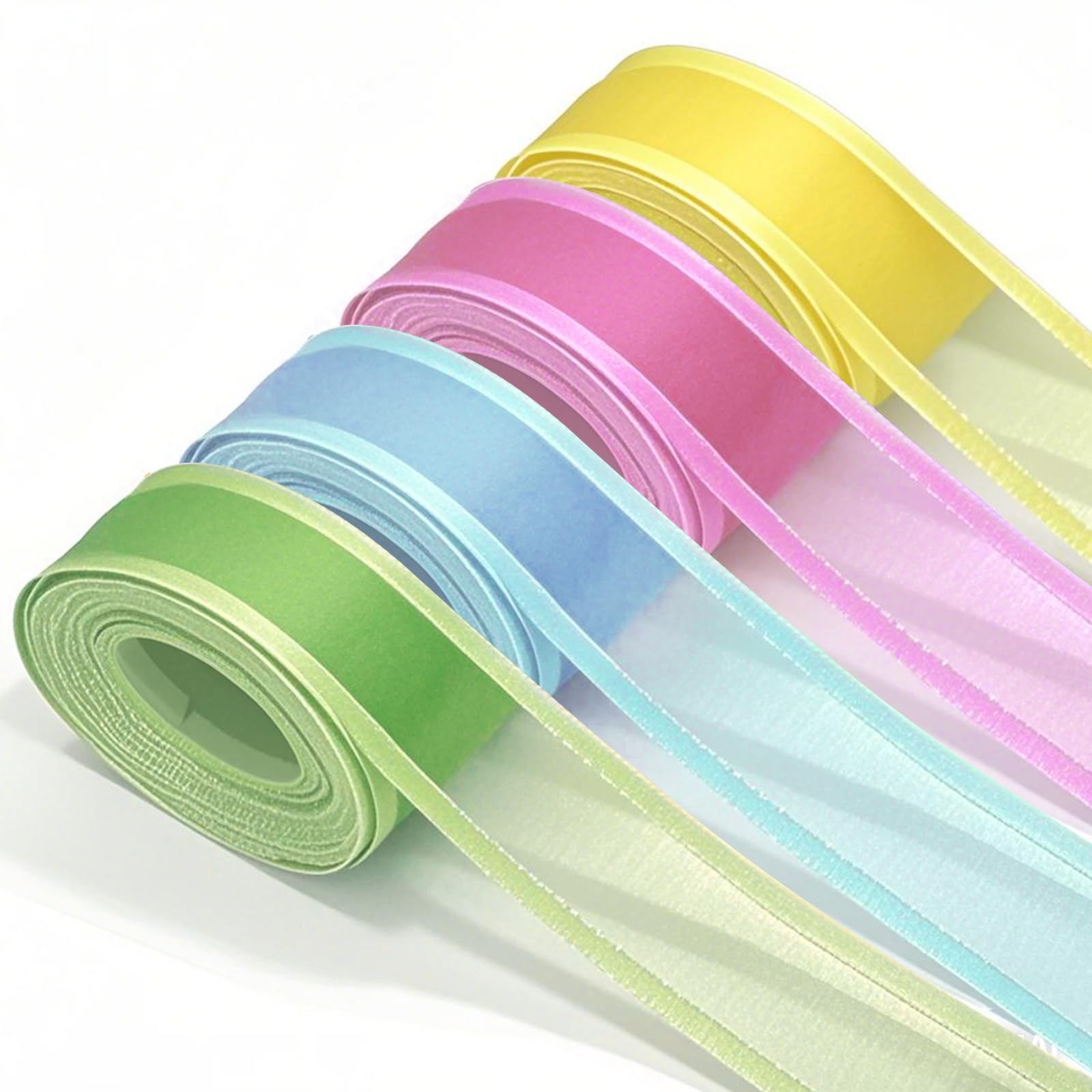 22Yards Easter Ribbon Sheer Organza Ribbon Set - Chiffon Ribbons with Satin Edges for Gift Wrapping,Wedding Party Crafts Decorations, Bouquets, and DIY Crafts in Pink, Blue, Yellow, and Green