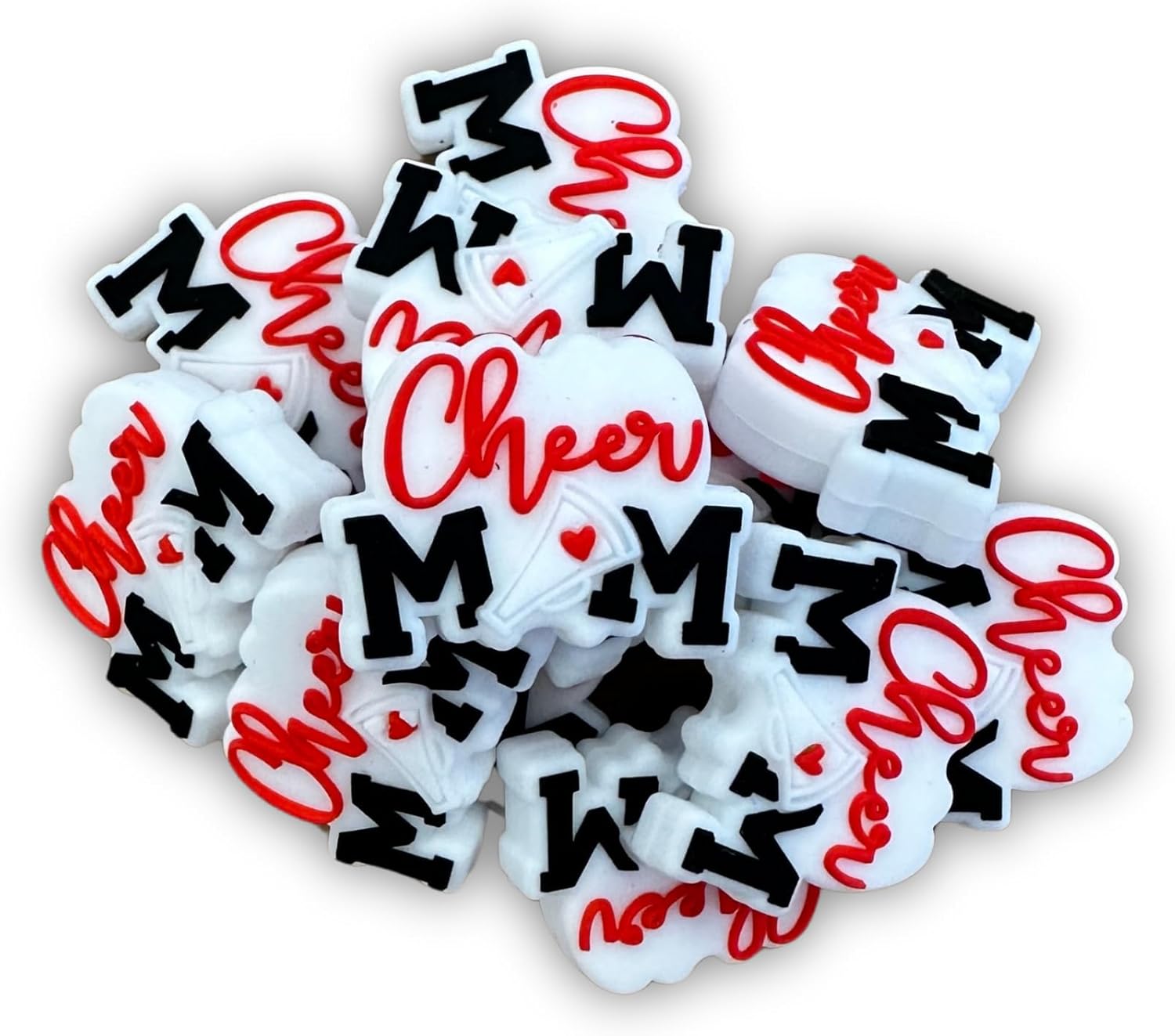 Lashicorn Cheer Mom Silicone Focal Bead | 12 pack 1x.8” Bulk Wholesale for Keychain Making Kit Pen High School Sports Pom Pom Dance