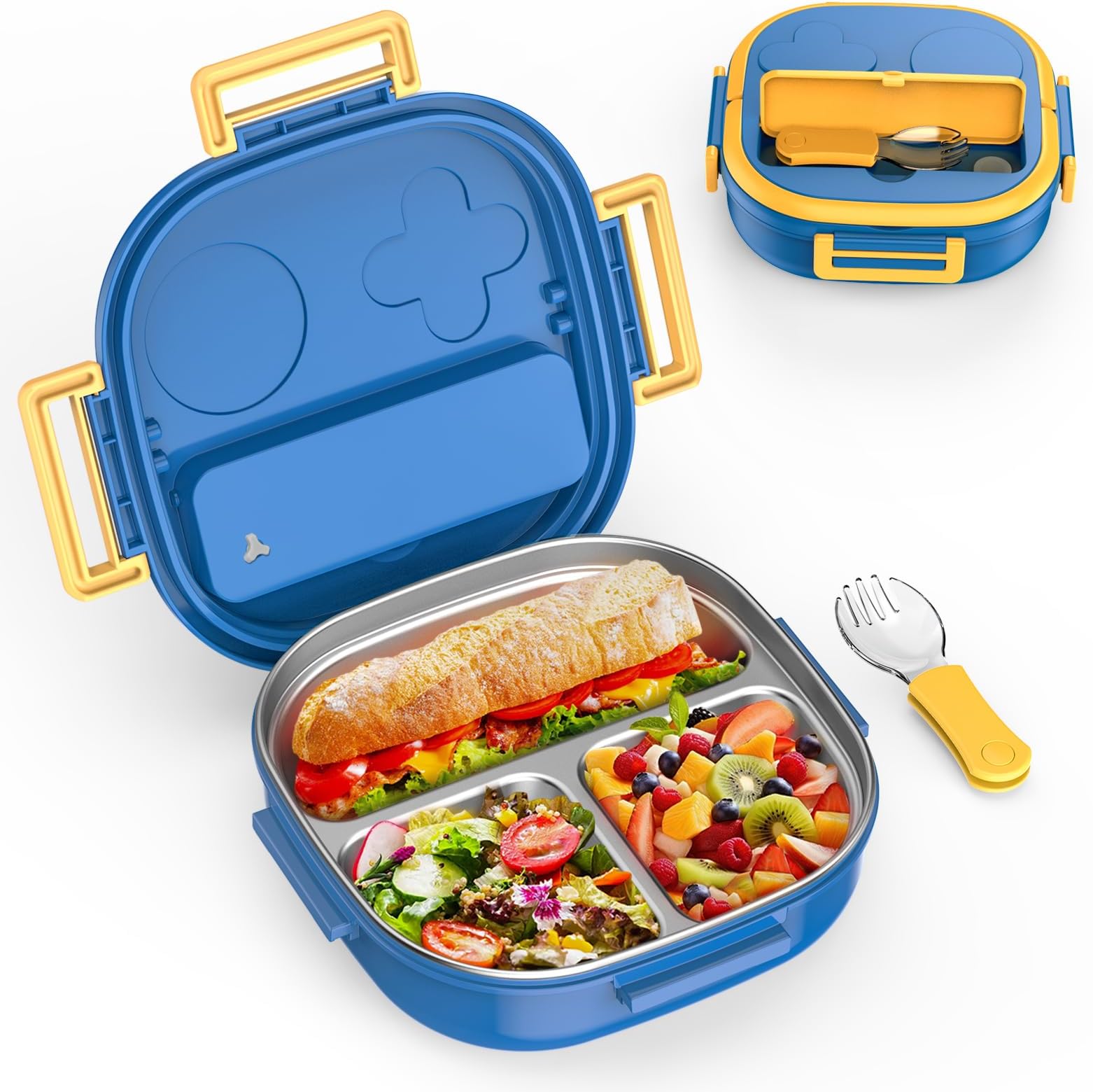 PedecoBento Box for Kids Stainless Steel - 3-Compartment - Complete Lunch Set with Portable Utensil - Ideal for Children Under 10 Years Old - Dishwasher Safe & BPA-Free(Blue)