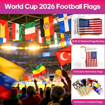 120Pcs World Cup 2026 Flags for Football 42 Nations Countries Bunting 42Pcs Hand Flags on Stick and 36 Pcs Toothpick Flags Set Soccer Party Banner Backdrop Supplies for Indoor Outdoor Garden Decor