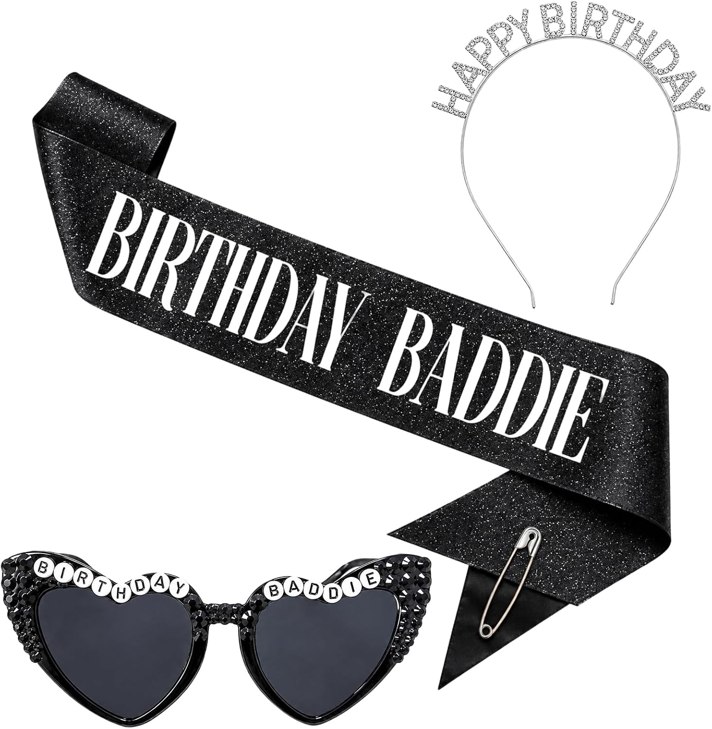 Birthday Baddie Sash Set, 3-Piece Birthday Accessories with Black Fabric and Silver Lettering, Bold Birthday Party Decorations for Women Celebrating Milestone Birthdays, Premium Cloth Material