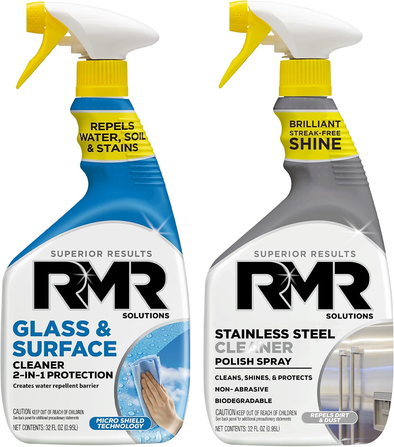 RMR Gleam Team Bundle – Glass & Surface Cleaner + Repellent and Stainless Steel Cleaner Polish, 2-Step Cleaning System for Windows, Shower Doors, Appliances, Faucets & Mirrors, 2–32 Oz Bottles