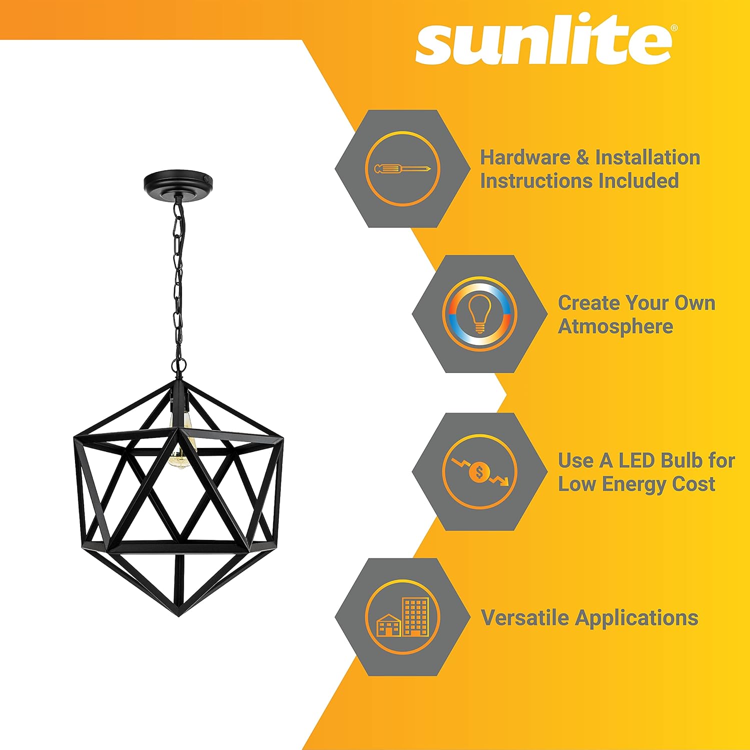 Best Cyber Monday 🔥 Sunlite 07094-SU Vintage-Inspired Hexagon-Shaped Industrial Hanging Pendant Farmhouse Fixture, Geometric Metal Cage Light, Single Socket Medium Base (E26), 51 Cord & Chain, Satin Black Finish
