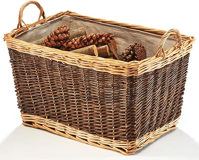 Kobolo Weidenkorb für Kaminholz XXL mit Juteeinsatz, zweifarbig braun-beige