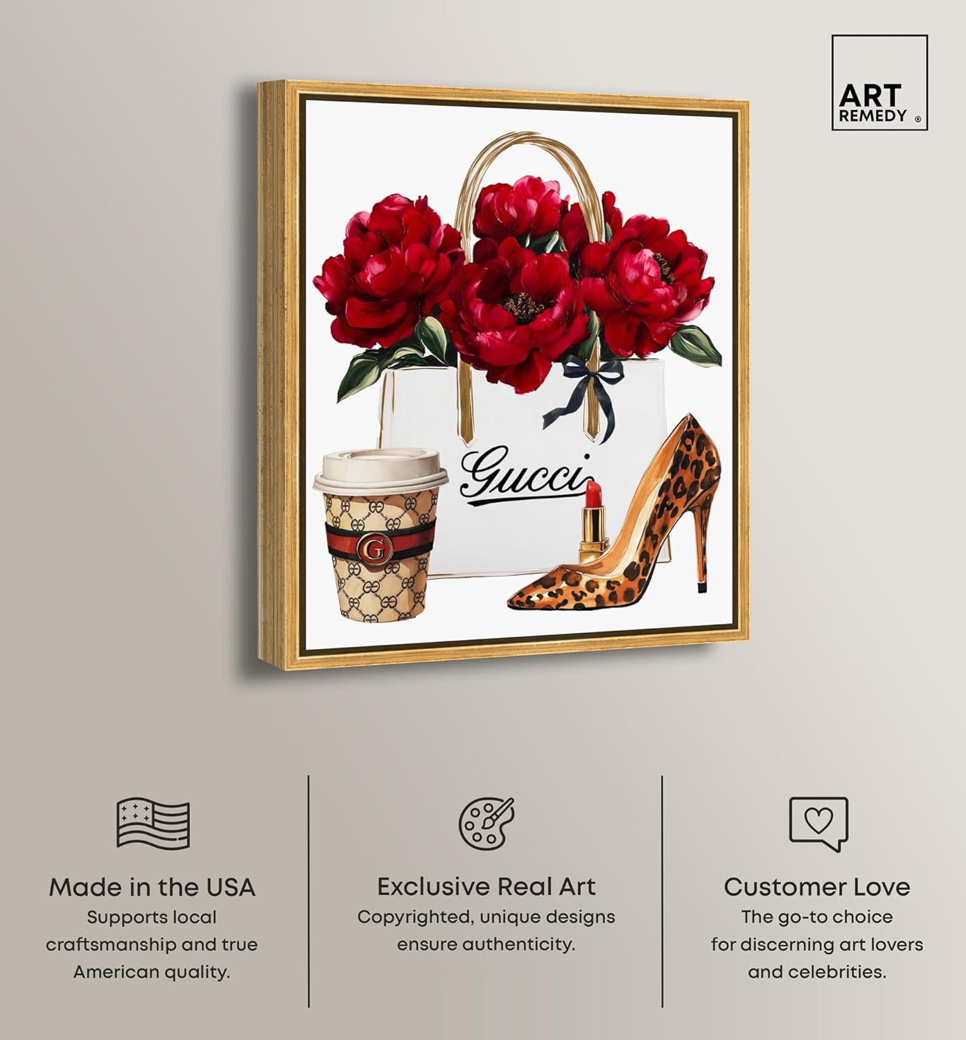 Art Remedy Leopard Heel Red Bloom Canvas Fashion Wall Art, Gold Frame, 20" x 24" Gold Frame Framed 25"L x 21"W