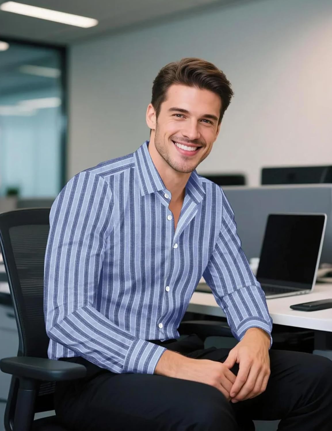 Lzzidou Men's Striped Button Down Shirt Cotton Blend Long Sleeve Collared Dress Shirts for Business Work Office Casual Date - Image 7