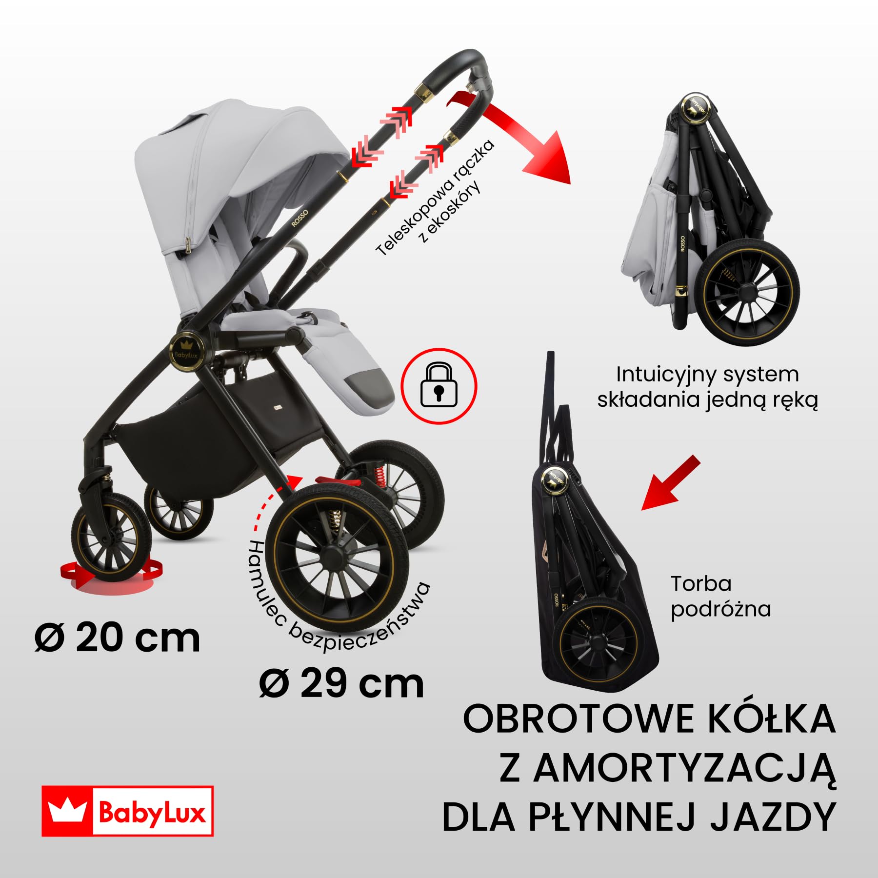 BabyLux Wielofunkcyjny Wózek Dziecięcy 3w1 ROSSO Gondola, Spacerówka, Fotelik Samochodowy z Akcesoriami, Lekki i Kompaktowy, Składana Aluminiowa Konstrukcja Stelaża, Regulowane oparcie, Żelowe Koła