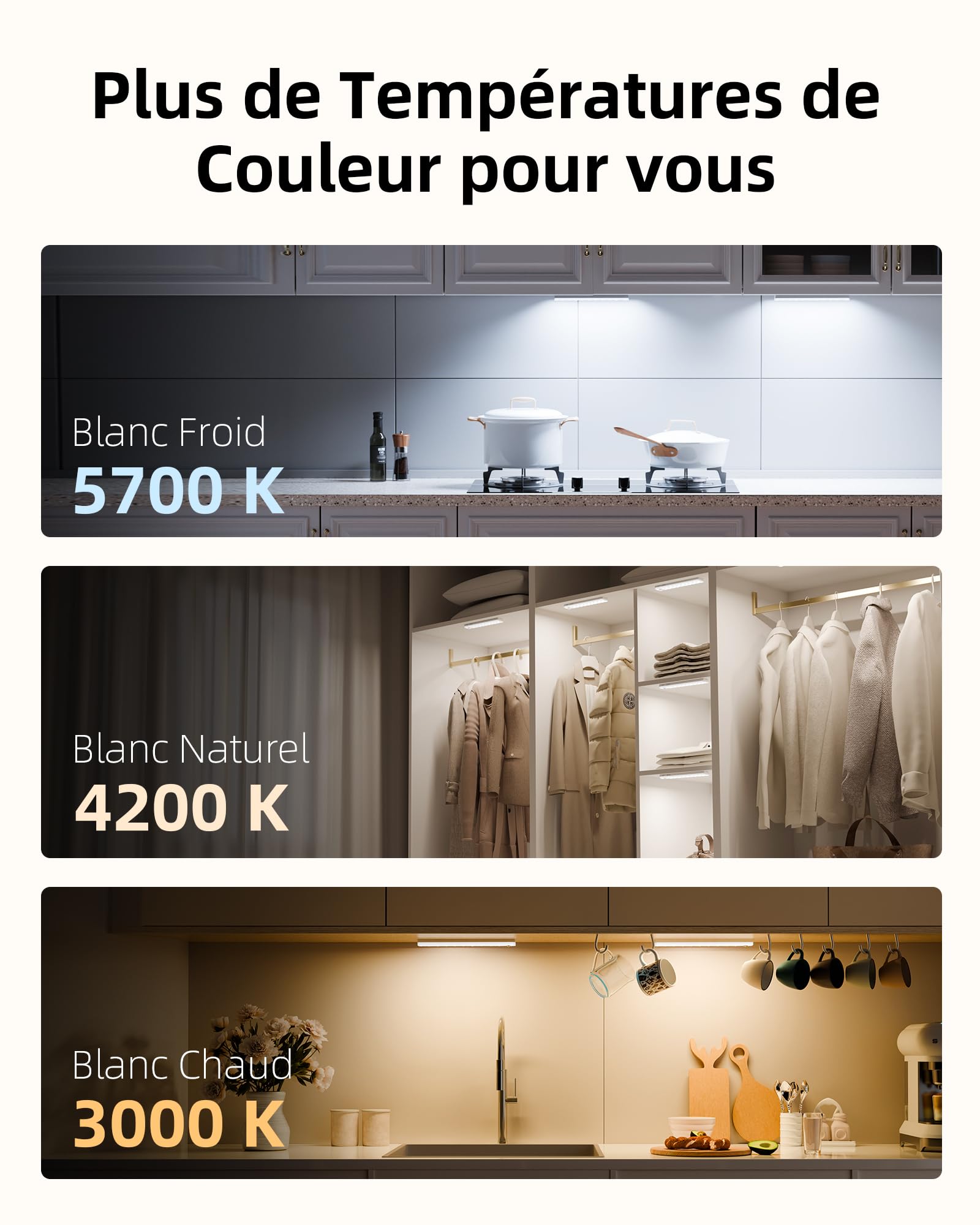 EZVALO Lampe de Cuisine sous Armoire 62 LED avec Détecteur de Mouvement et Station de Charge, Éclairage d’armoire 1600 mAh avec 3 Températures de Couleur pour Cuisine, Placard (6 Pièces)