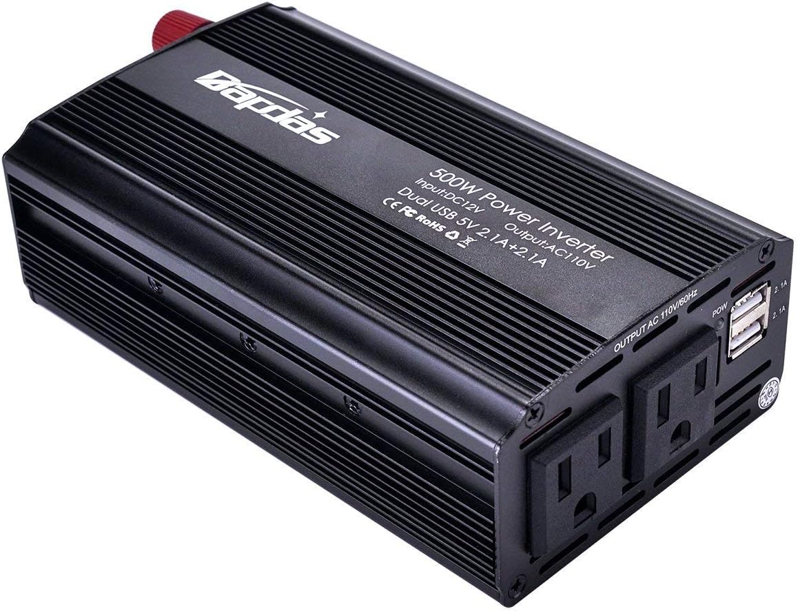Bapdas 500W Power Inverter DC 12V to AC 110V Converter with 2 AC Outlets and 2 USB Ports for Tablets, Laptops and Smartphones-Upgraded