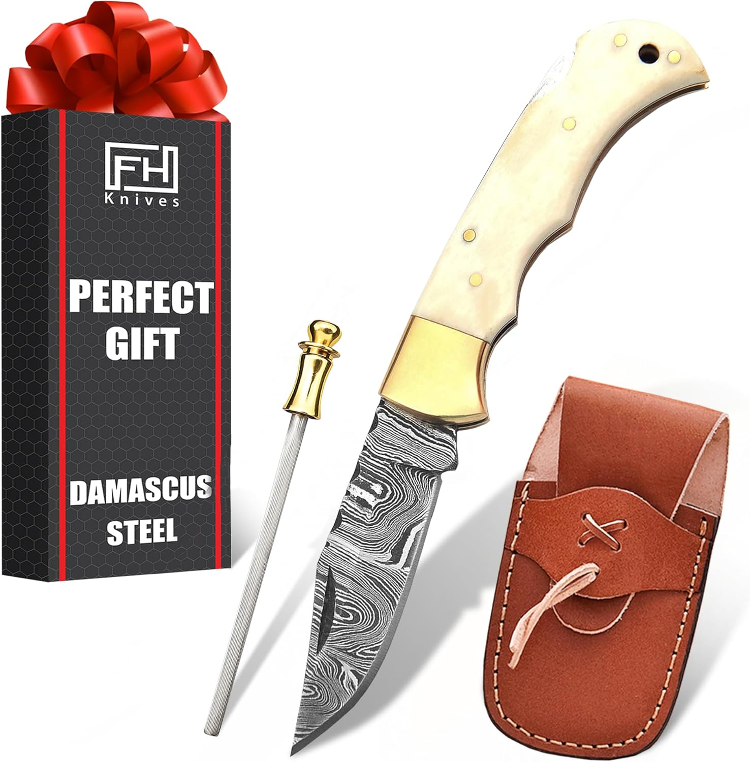 Perfect Handmade Husband Present for Anniversaries - Damascus Pocket Knife for Men - 6.5 Inch Folding Knife with Back Lock, Ideal for Camping and Hiking - LASTING Damascus Knife with Sheath