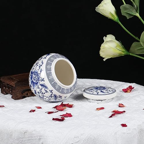 Miniatura 6 de XINGYAN Tarro de jengibre pequeño de cerámica de porcelana china tradicional azul y blanca con tapa, para almacenamiento de té, decoración del
