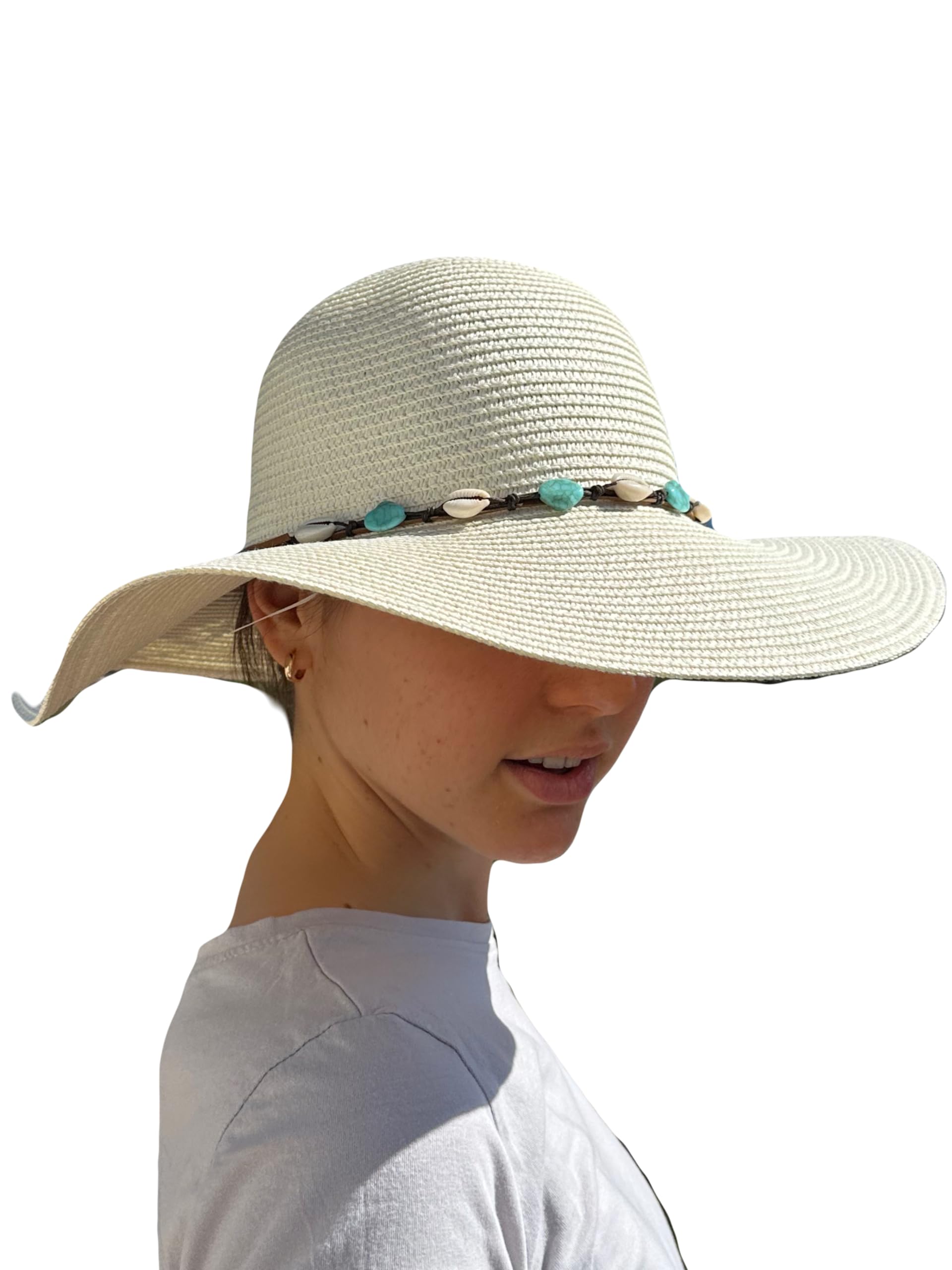 MIGURA Sombrero Blanco Mujer De Paja Protección Solar Panama Pamela Playa Verano Esparto Gorra para Sol Visera Enrollable con Lazo cde Conchas Azul y Blanco