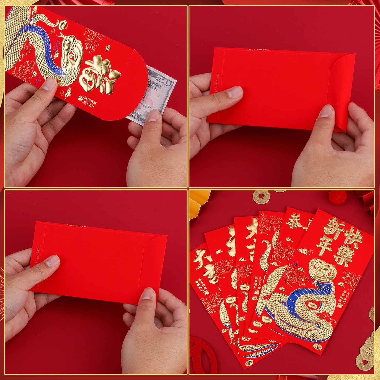 Buste Rosse per Capodanno Cinese 2025 con 50 Monete Feng Shui 16,8x9cm Hong Bao Serpente 6 Motivi Rilievo Dorati