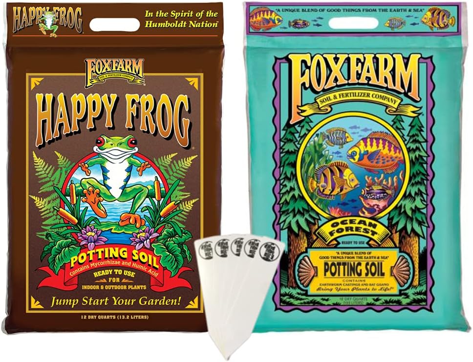 FoxFarm Ocean Forest & Happy Frog Garden Potting Soil Mix for Indoor and Outdoor Plants Bundle | Plant Fertilizer | (Pack of 2-12 Quart Bags) + 5 The Hydroponic City Stake
