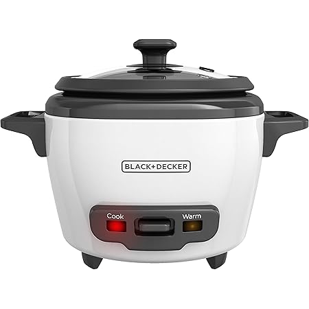 BLACK+DECKER Rice Cooker 3 Cups Cooked (1.5 Cups Uncooked) with Steaming Basket, Removable Non-Stick Bowl, White